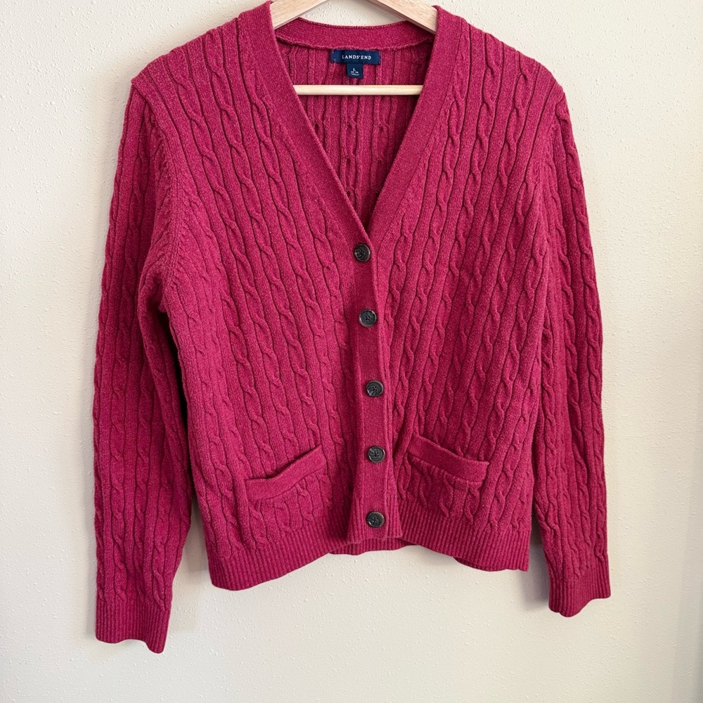 Lands’ End Cable Knit Cardigan Sweater Pink Cotton Button Front - Picture 2 of 8